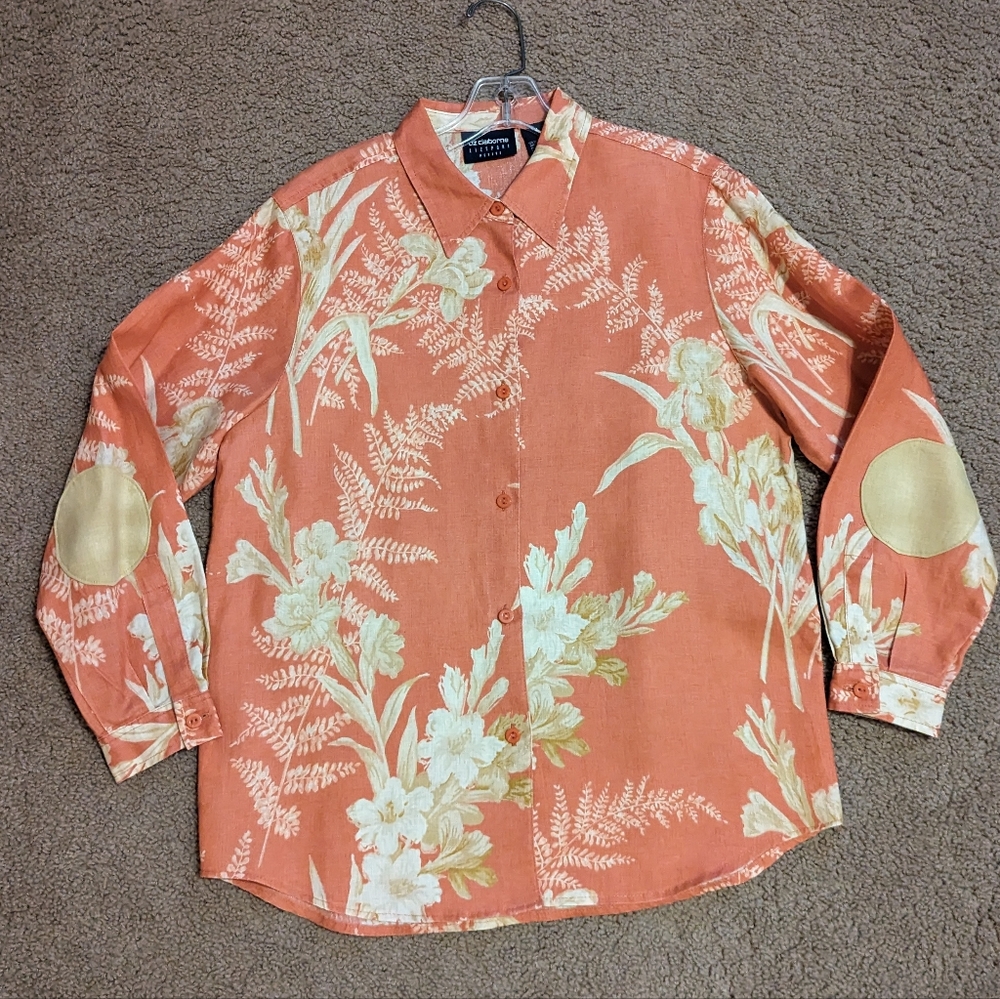 Women's Linen Button Up Long Sleeved Floral Shirt